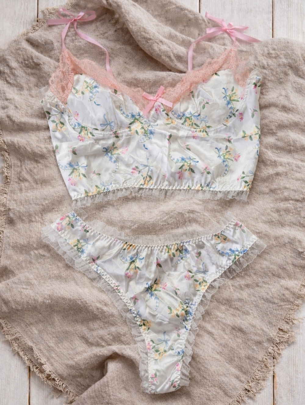 NWOT Floral Satin Bralette & Thong Set - Size S